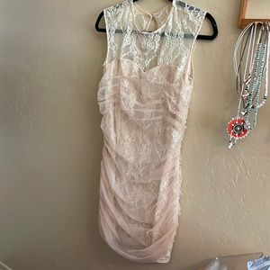 En Crème crème and white lace midi dress, form fitting, prom, formal, size s/p